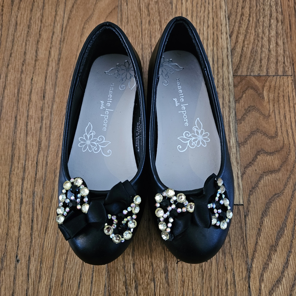 Nanette Lepore Black Dress Shoes Bows And Rhinestons Girls Size 11